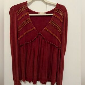 Altar’d State Boho V Neck Ruffle Rust Colored Flowy Blouse, Size Small